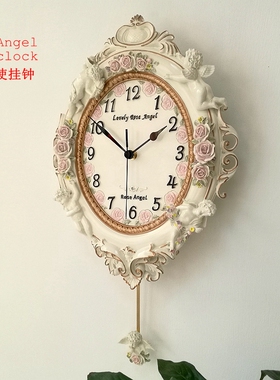 欧式田园艺术挂钟客厅天使卧室墙面挂表装饰静音创意树脂壁钟热卖