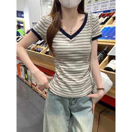 实拍210克条纹短袖t恤女装夏新款正肩修身设计感条纹V领上衣