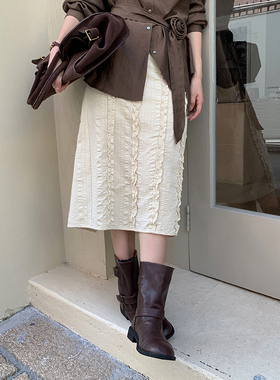 BORAN帛然杏色温柔文艺褶皱线条设计感简约精致显瘦半身裙3077