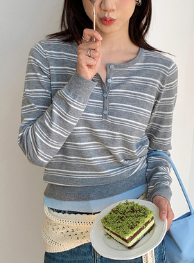 BORAN帛然韩系春秋撞色套头百搭抗起球圆领条纹羊毛针织衫女6027