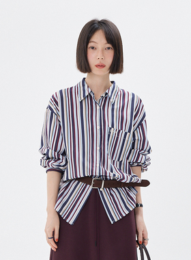 BORAN帛然红蓝条纹衬衫时尚设计感简约气质通勤百搭翻领衬衣6001