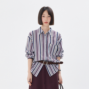 BORAN帛然红蓝条纹衬衫 设计感简约气质通勤百搭V领衬衣6001 女时尚