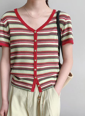 BORAN帛然休闲条纹短袖针织开衫2025年夏季新款V领短款显瘦上衣女