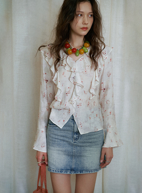 BORAN帛然法式浪漫甜美碎花女衬衫荷叶领减龄喇叭袖雪纺上衣1078S