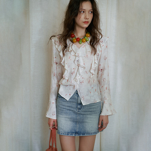 雪纺上衣1078S 荷叶领减龄喇叭袖 BORAN帛然法式 浪漫甜美碎花女衬衫