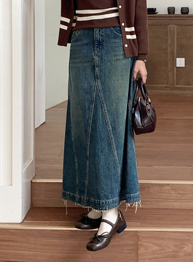 BORAN帛然复古百搭牛仔半身裙2025秋季新款高腰显瘦中长裙女3129