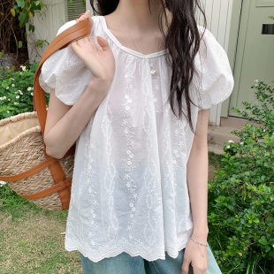BORAN帛然宽松休闲设计感绣花米白简约圆领泡泡袖 上衣女7031 短袖