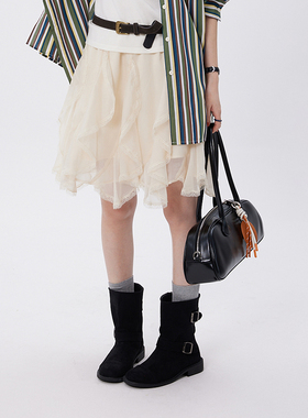 BORAN帛然杏色法式甜美短裙A字百褶网纱花边氛围感半身裙女6009