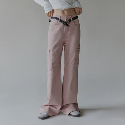 美式粉色牛仔拖地长裤宽松工装裤
