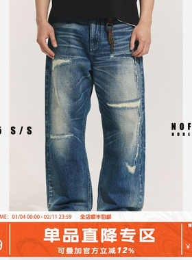 NOFAITH水洗做旧破洞牛仔裤男日系复古宽松休闲直筒长裤潮NK03-35