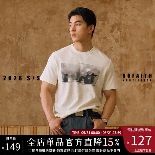 NOFAITH竹节棉230G直喷印花vintage纯棉透气短宽圆领短袖T恤男潮