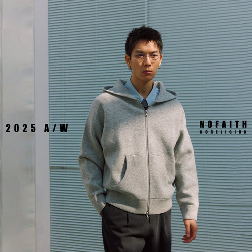 NOFAITH春季17.5微米澳洲纯羊毛短款连帽拉链毛衣宽松廓形上衣男