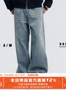 NOFAITH蓝色水洗做旧纯棉美国康龙牛仔面料男25秋冬直筒休闲长裤