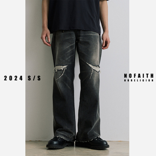 NOFAITH水洗做旧破洞2021M牛仔裤 男日系复古宽松百搭直筒休闲长裤