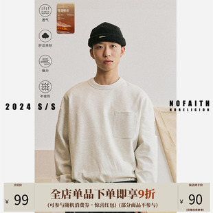 NOFAITH基础纯色口袋圆领长袖 上衣男日系复古宽松圆领廓形打底T恤