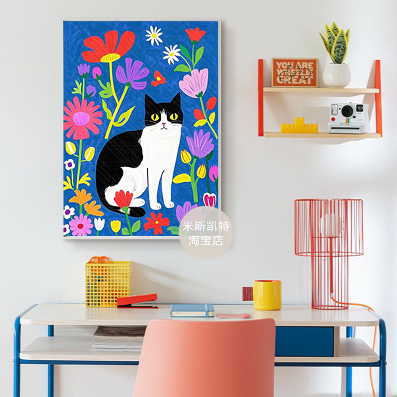 温馨猫咪挂画牛奶猫客厅可爱装饰画咖啡厅餐厅儿童房卧室小众艺术图片