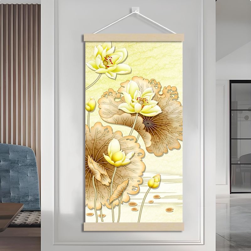 新中式荷花装饰画入户门玄关客厅装饰画挂布背景布布艺挂画遮挡画图片