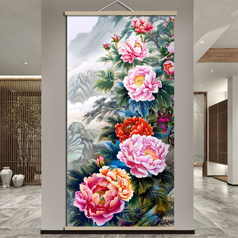 花开富贵牡丹花挂画客厅装饰画玄关入户走廊布艺背景壁画寓意吉祥图片