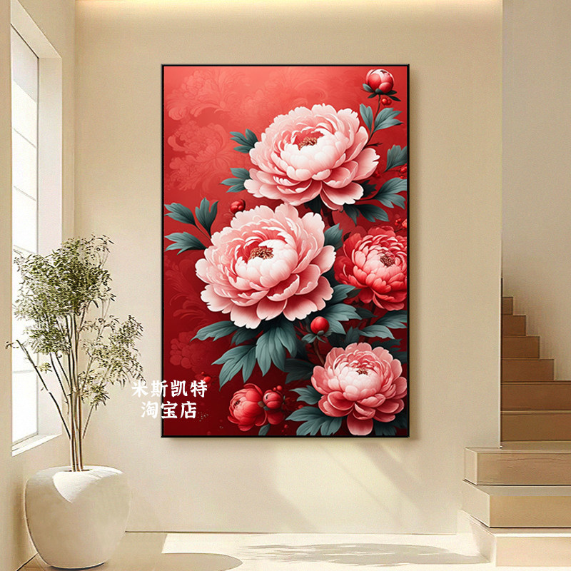 花开富贵牡丹客厅挂画中国红玄关背景墙艺术高级感挂画治愈系花卉