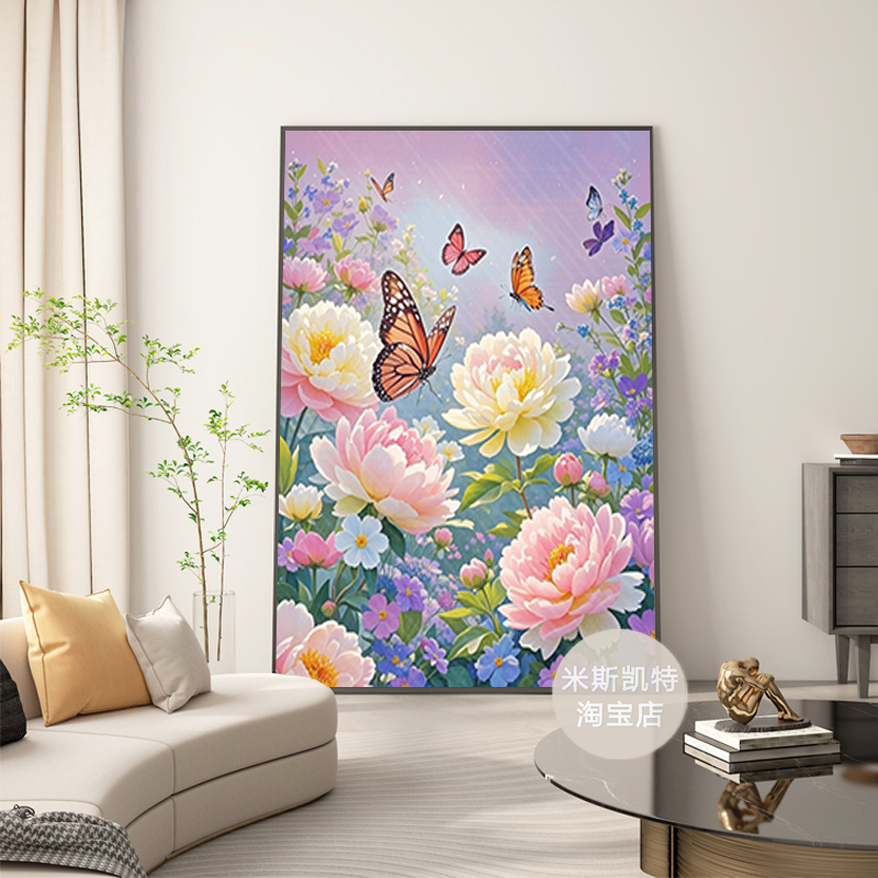 轻奢装饰画牡丹花开蝴蝶卧室小众复古中式餐厅玄关挂画法式奶油风图片