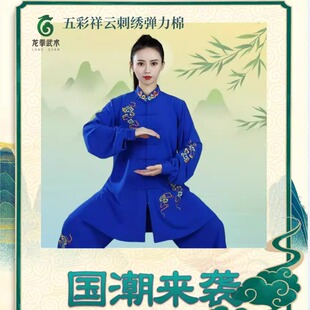 龙拳竞技表演刺绣五彩祥云年轻太极服弹力棉中长款 八段锦练功服装