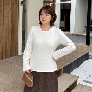 新中式气质显瘦打底衫2025冬季新款220斤胖mm大码水貂毛拼接上衣