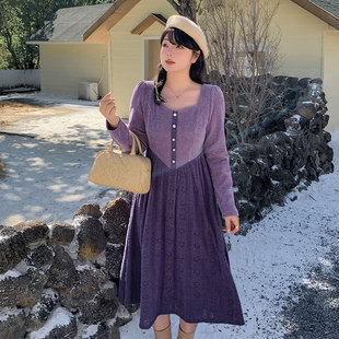 收腰方领收腰加绒蕾丝裙 法式 紫色连衣裙2024冬新款 220斤胖mm大码