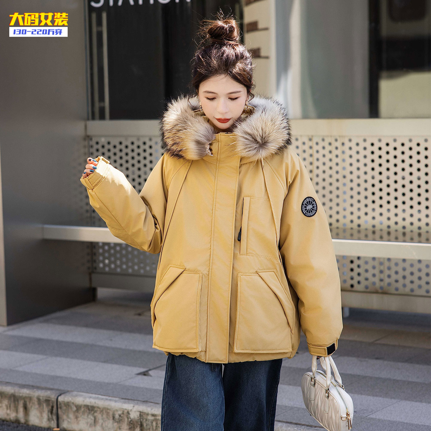 胖mm韩版白鸭绒保暖羽绒服外套