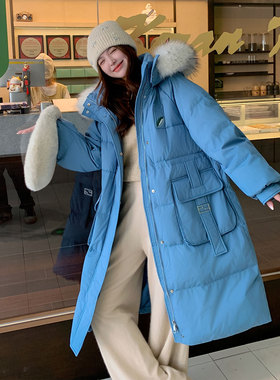 蓝色羽绒服2025冬新款260斤胖mm大码韩版收腰显瘦连帽白鸭绒外套