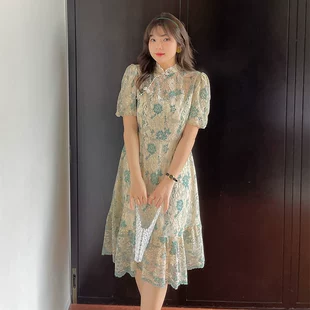 220斤胖mm加大码 改良旗袍连衣裙2022夏季 新款 复古气质显瘦蕾丝裙