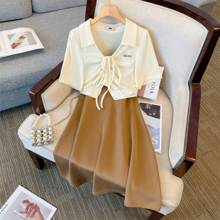 时尚 吊带连衣裙2023夏季 韩版 300斤胖mm大码 显瘦抽绳T恤两件套 新款