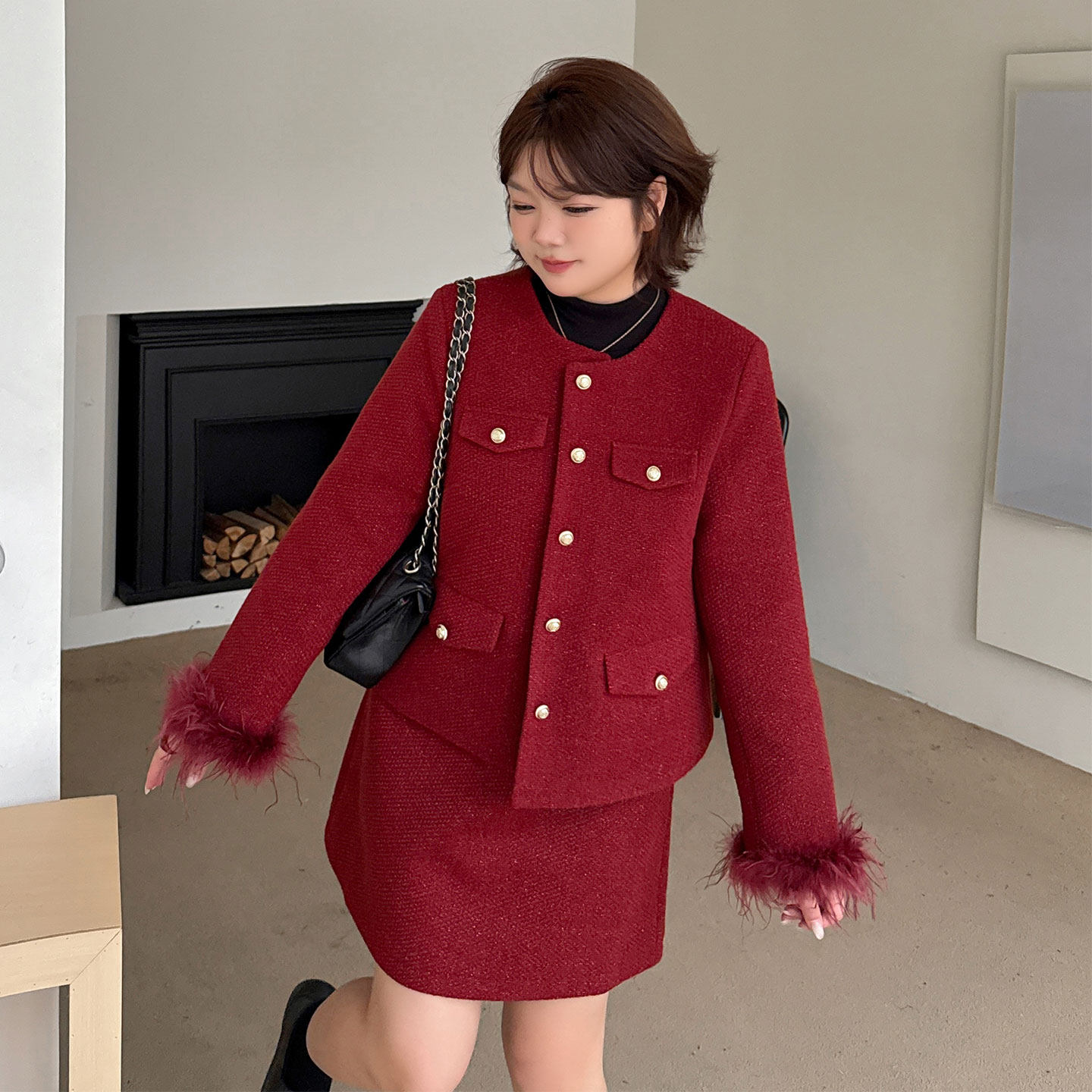 胖mm小香风显瘦外套半身裙两件套