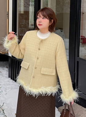 黄色小香风外套2025冬季新款220斤胖mm大码富家千金显瘦夹棉外套