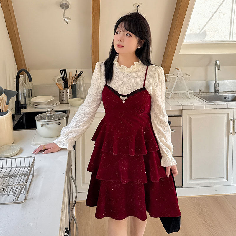 氛围感连衣裙2025春新款220斤胖mm大码甜美减龄显瘦蕾丝衫吊带裙,女装/女士精品,连衣裙,淘宝优惠券,粉丝福利购,淘宝优惠卷