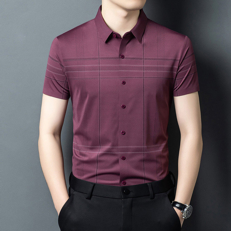 高端喜爸爸装结婚宴礼服公公短袖衬衫男婚宴装红色代东免烫衬衣服