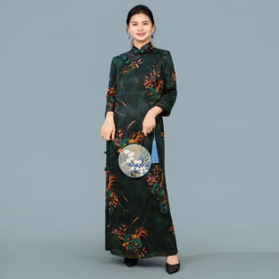 中长裙日常立领复古港风长裙旗袍中国风秋冬印花加厚 墨香