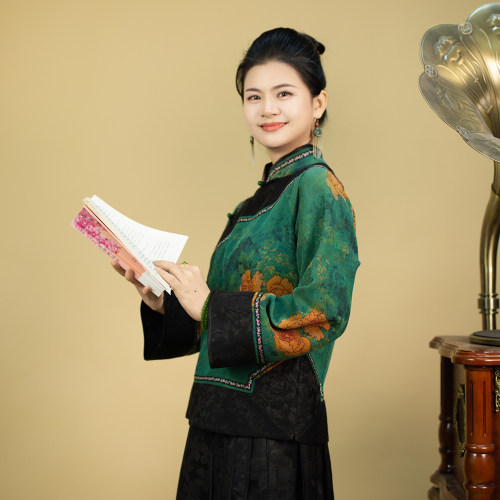 【云帆清新】拼接长袖厚款立领花纹短款上衣双面中国风日常复古