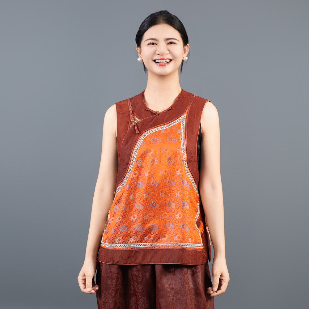 【冰窗胭脂】宋锦拼接香云纱薄款透气百搭宽松型马夹无袖上衣复古,女装/女士精品,马夹,淘宝优惠券,粉丝福利购,淘宝优惠卷