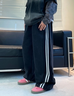 美式加绒阔腿两条杠洗水卫裤男女高街潮牌宽松直筒休闲运动长裤