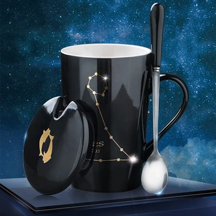 杯子陶瓷星座马克杯带盖勺情侣喝水杯家用办公室咖啡杯子 创意个性
