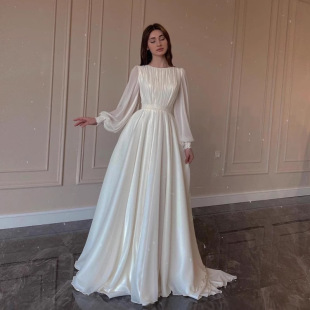 圆领显高贵 连衣裙白色灯笼袖 外贸2026春秋新款 珠光婚纱礼服长袖
