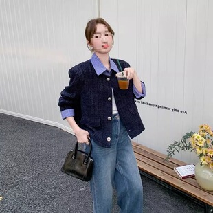 藏青色新品感格纹拼接新品外套女早春新款时髦洋气新品上衣