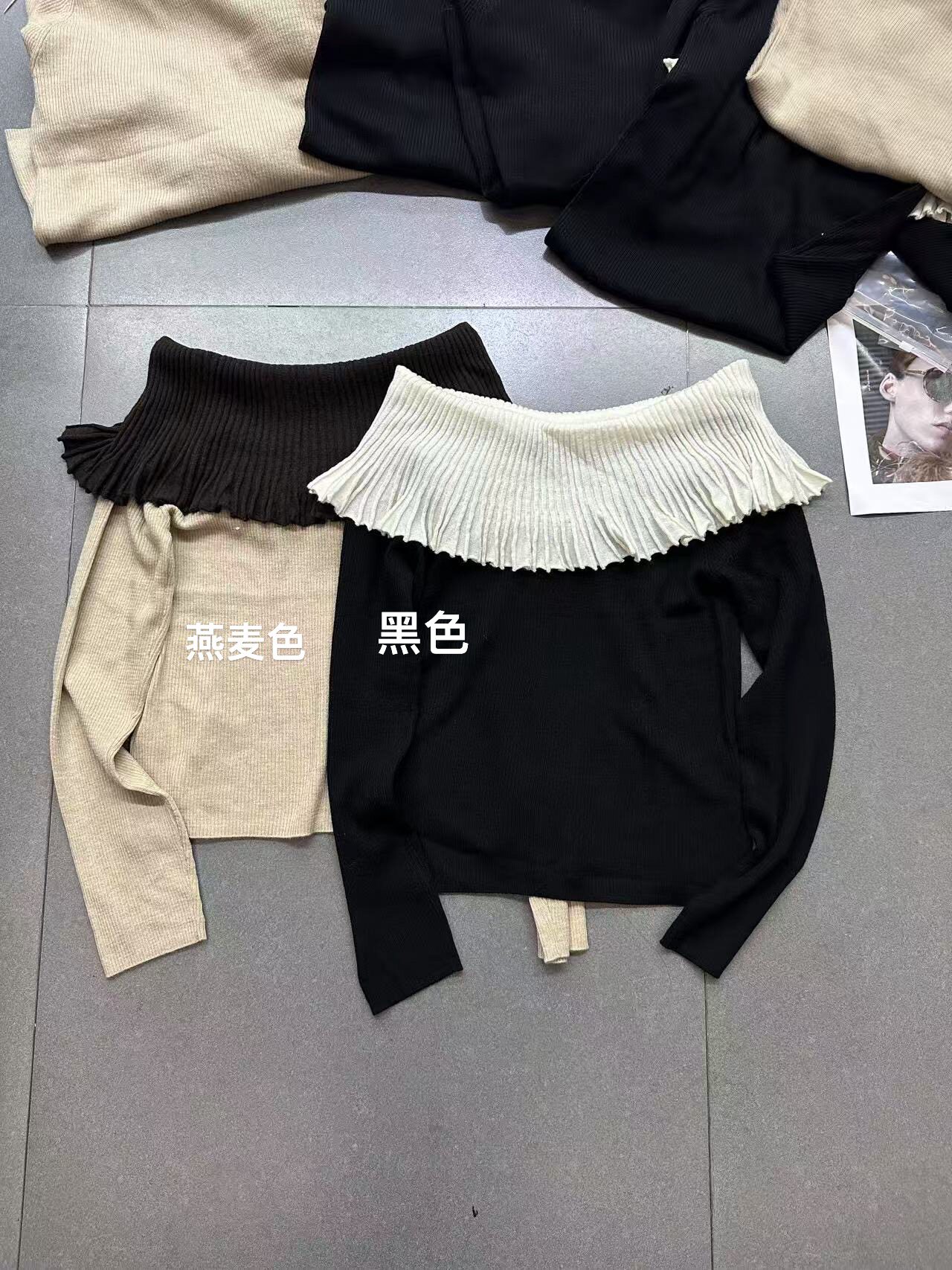 欧洲站2026早秋新款欧货时尚一字肩褶皱拼色针织女修身露肩上衣