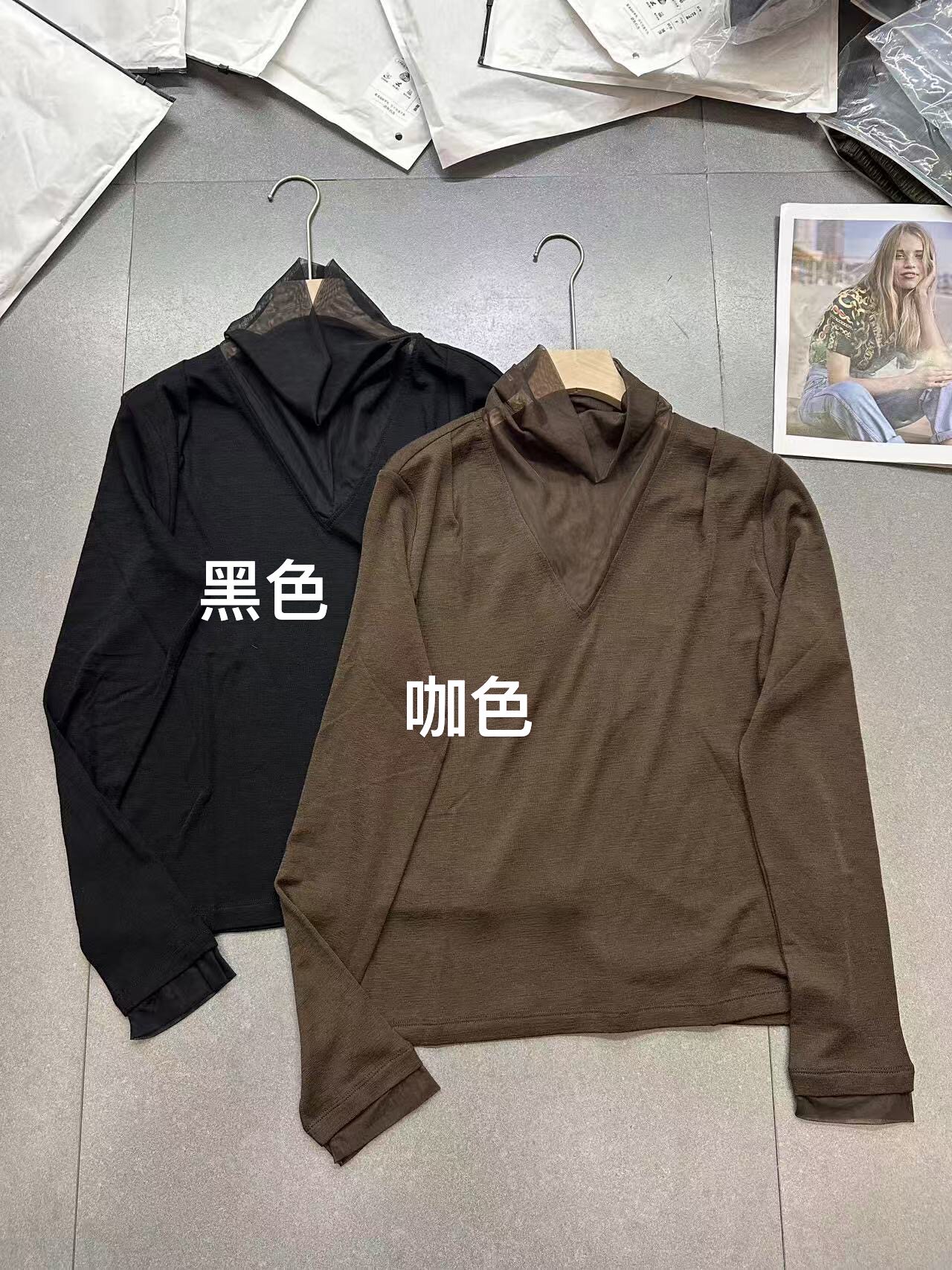 欧洲站2026秋季新款欧货时尚半高领网纱拼接设计感显瘦长袖T恤女