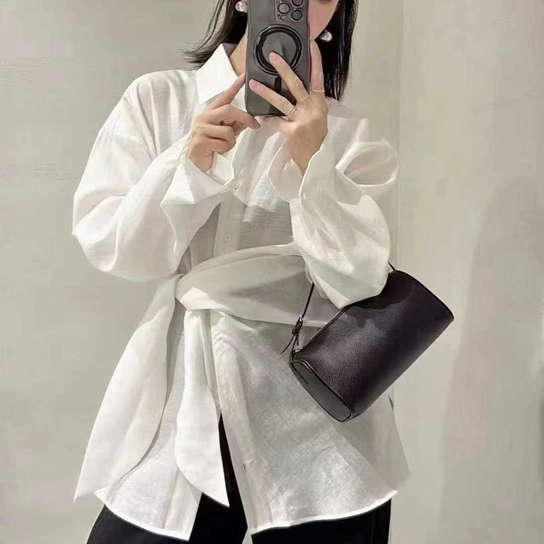 翻领系带收腰显瘦百搭长袖衬衫