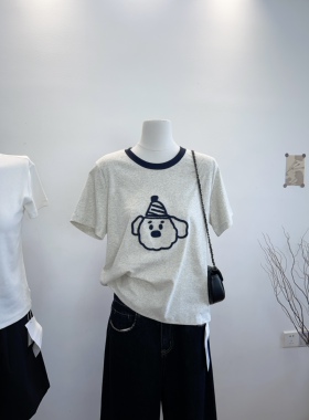 韩版韩国  夏季新款可爱大脸狗毛绒刺绣设计正肩舒适短袖T恤上衣