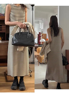 韩系条纹无袖针织连衣裙女秋款圆领直筒显瘦慵懒风长款背心裙acme