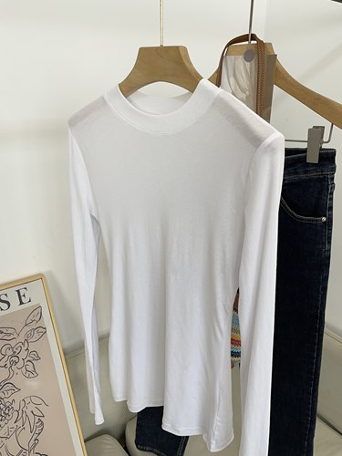 中高领自留款显瘦螺纹圆领纸片人收腰100棉极简长袖T恤女防晒薄款