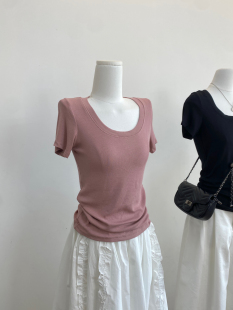 上衣薄款 自留款 显瘦套头半袖 弹力螺纹棉质百搭u领t恤女修身 跑量