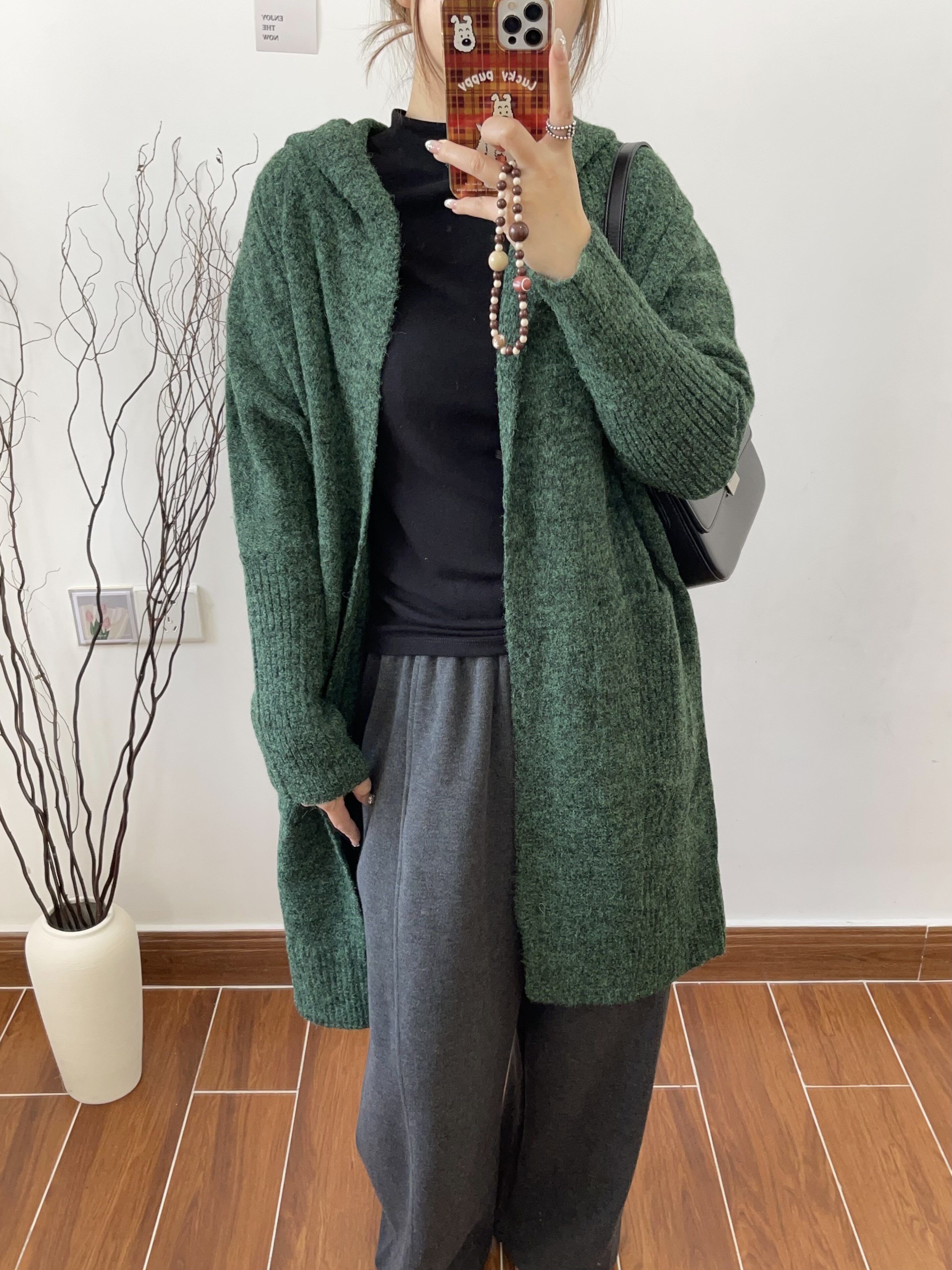 秋冬墨绿色连帽针织开衫女中长款宽松慵懒风加厚毛衣外套休闲上衣